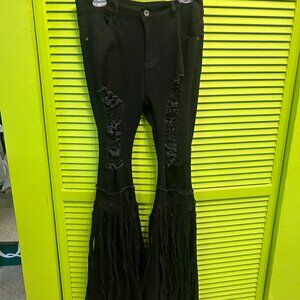 Black Distressed Fringe Flare Jeans | Festival Bell Bottom Pants
